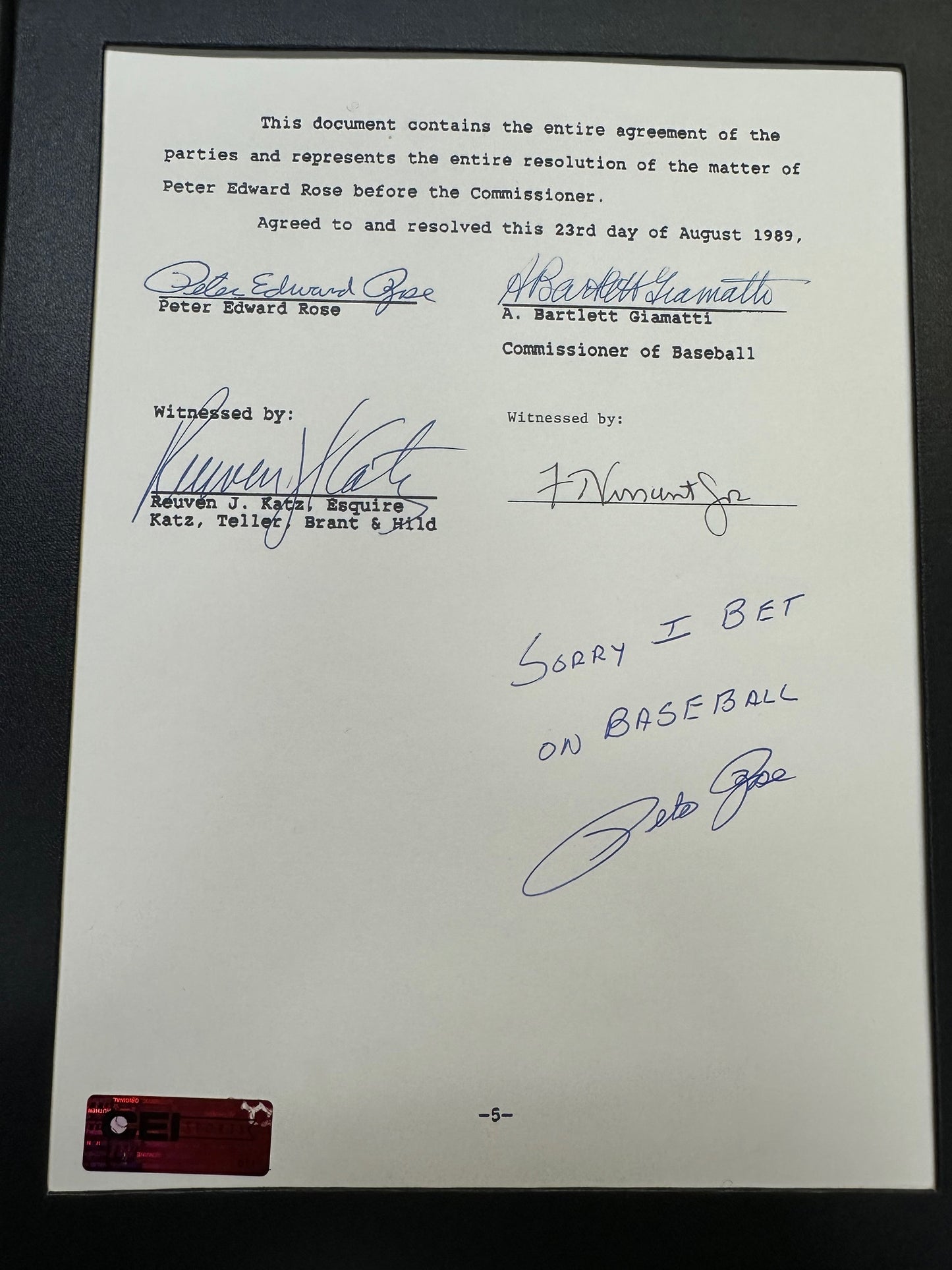 The Rose Banishment Agreement Replica-Hand Signed by Pete Rose